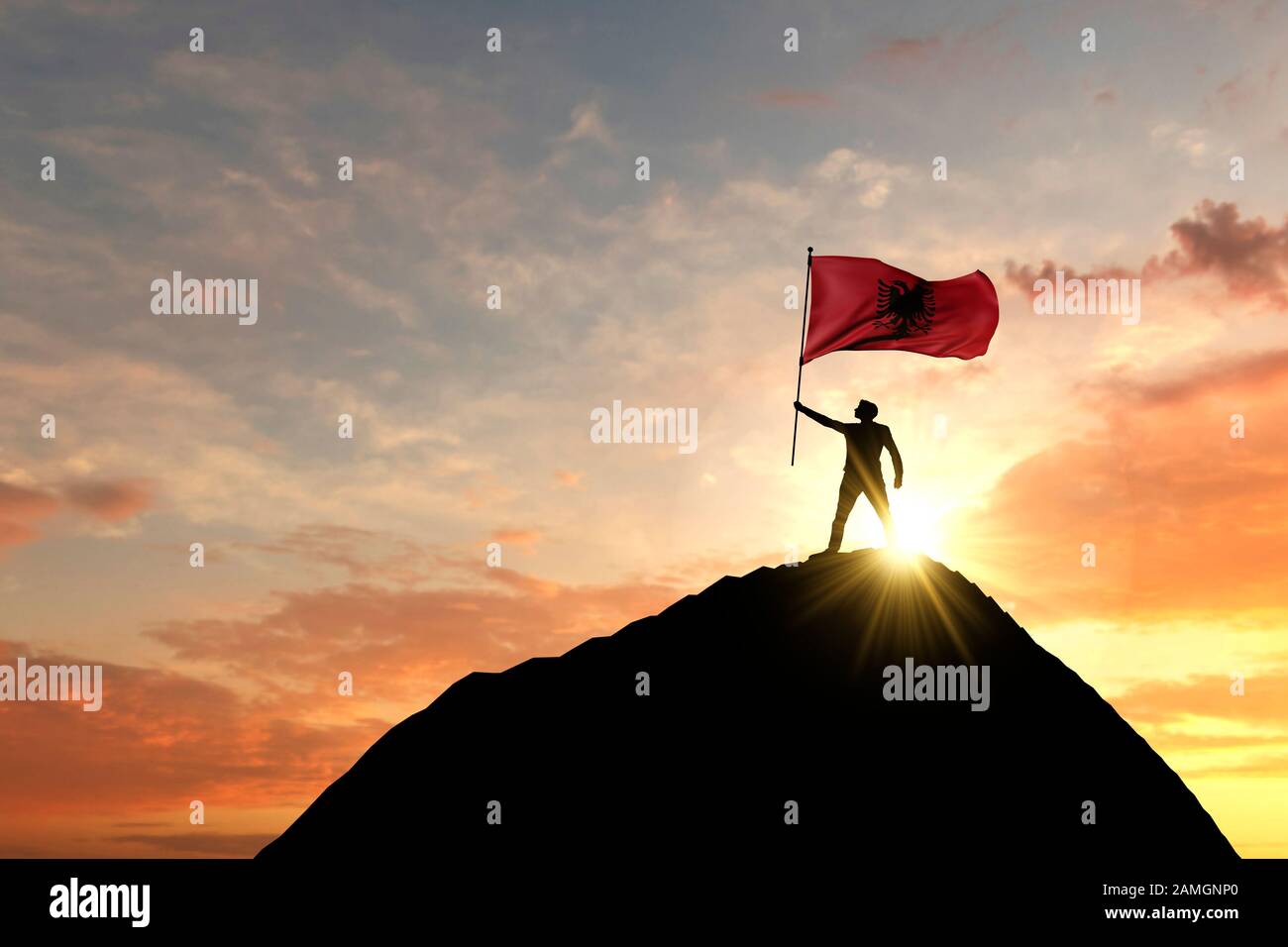 Albanische Flagge auf dem Gipfel eines Berggipfels winkt. 3D-Rendering Stockfoto