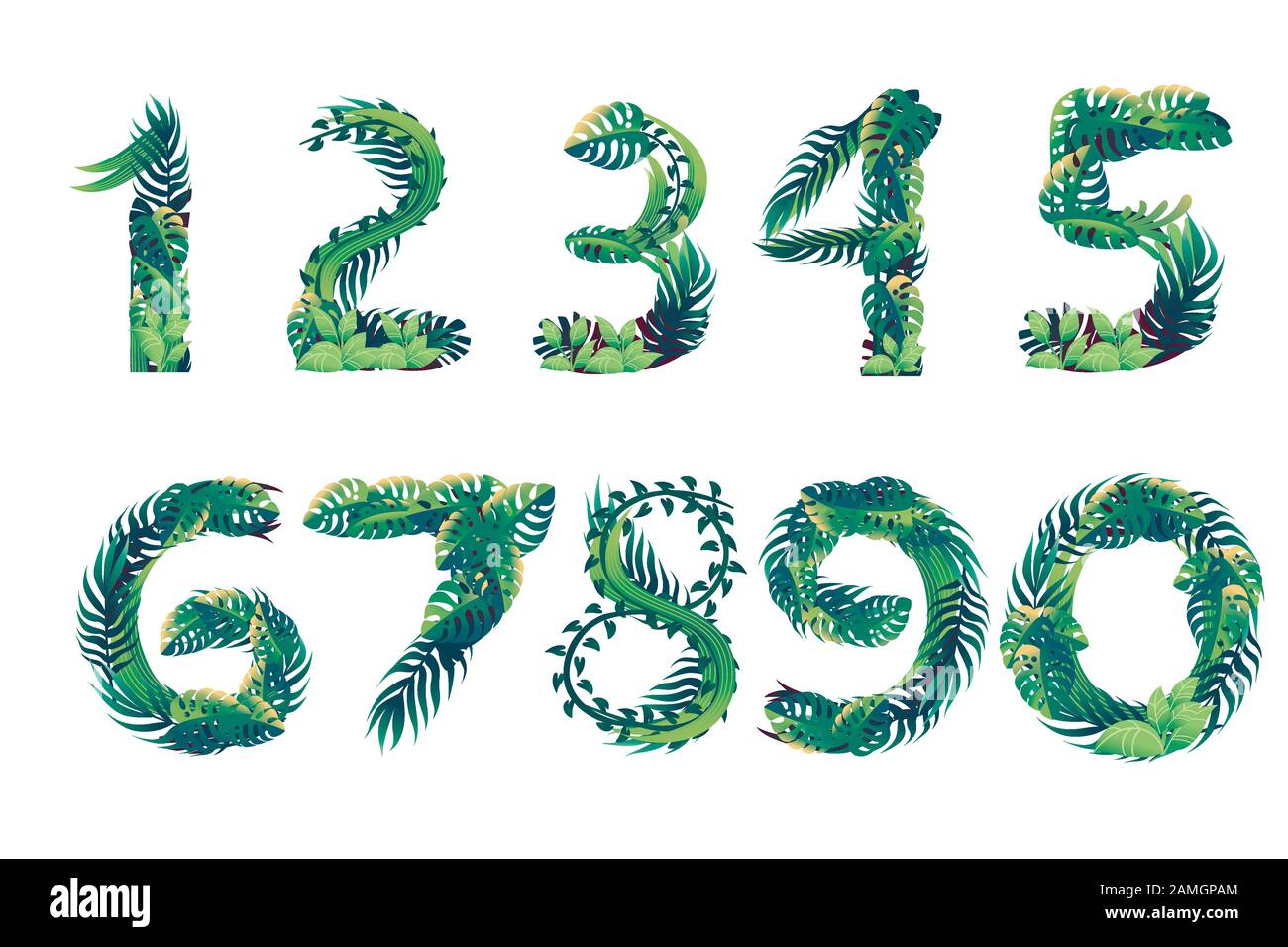 Satz von Blattzahlen mit verschiedenen Arten von grünen Blättern und Cartoon-Stil Design flache Vektorgrafiken isoliert auf weißem Hintergrund. Stock Vektor