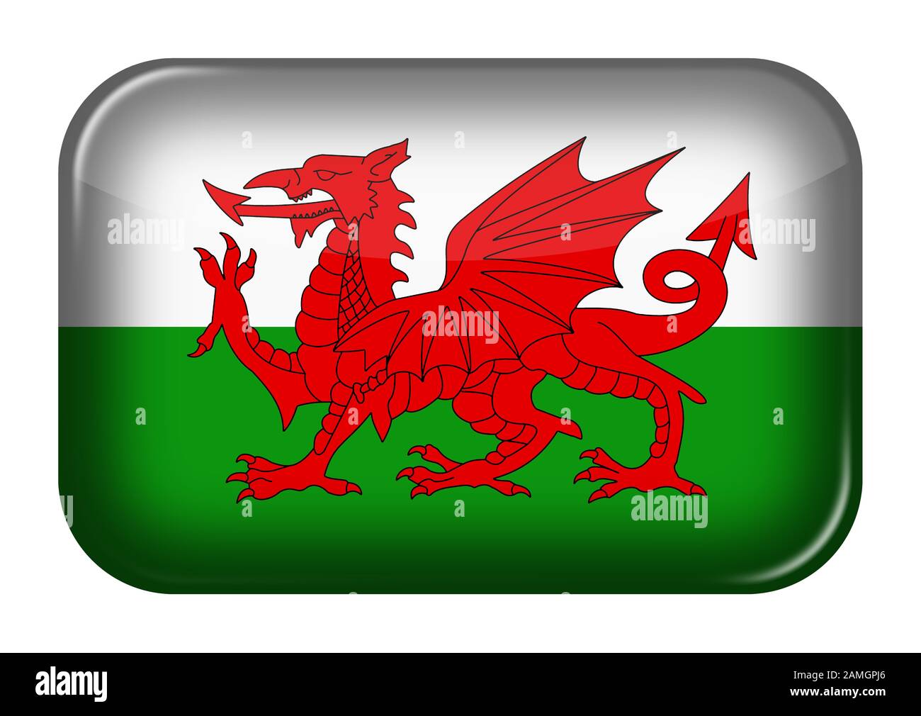 Eine Schaltfläche mit einem Rechteck im Web-Symbol von Wales und einem Beschneidungspfad Stockfoto