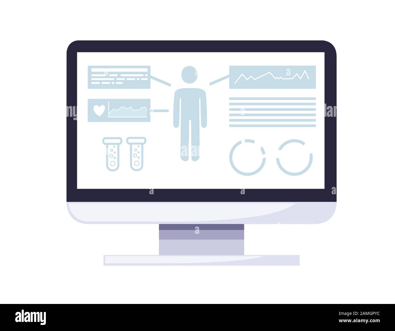 Anwendung für PC-Medikamente mit Gesundheitsüberwachung und Infografiken weißer Monitor und grauen Symbolen auf der Anzeige der flachen Vektorgrafiken. Stock Vektor