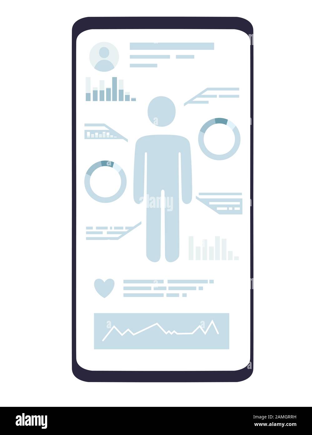 Mobile Medikamentenanwendung mit Gesundheitsüberwachung und Infografiken schwarzes Smartphone und graue Symbole auf der Anzeige flache Vektorgrafiken. Stock Vektor