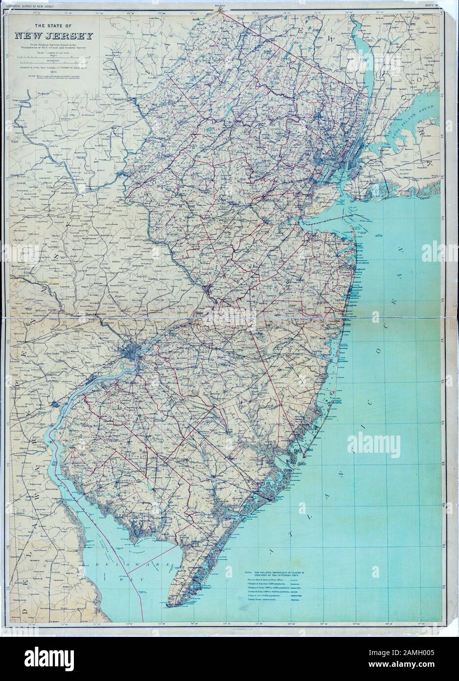 Farbkarte von New Jersey, einem nordöstlichsten US-Staat, der den Atlantik und die Delaware Bay zeigt, veröffentlicht vom New Jersey Geological Survey und Julius Bien and Co, im Jahr 1886. Aus der New York Public Library. () Stockfoto