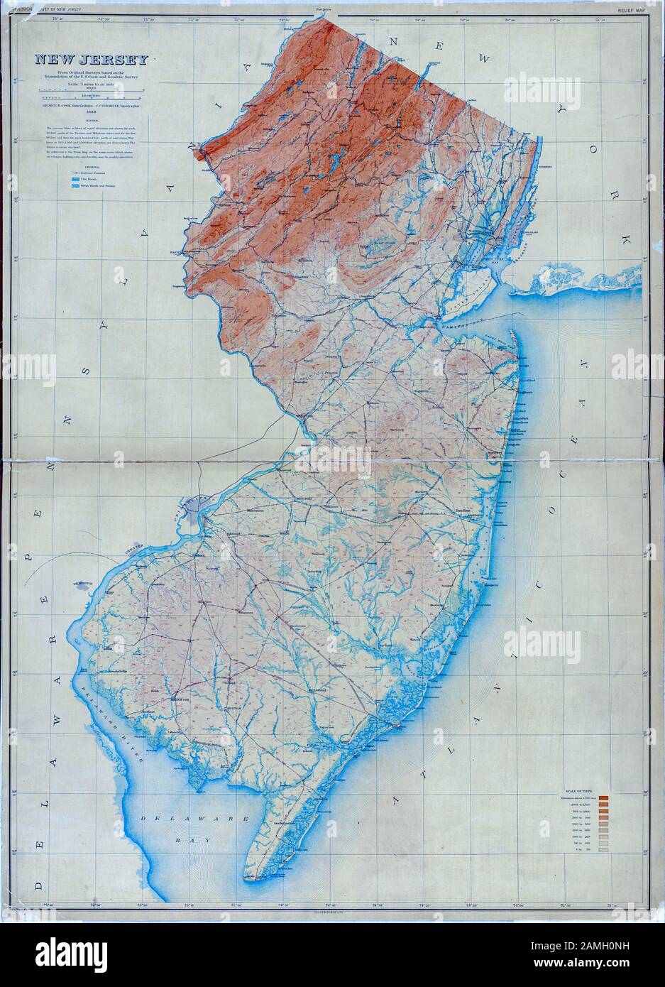 Farbkarte von New Jersey, einem nordöstlichsten US-Staat, der den Atlantik und die Delaware Bay zeigt, veröffentlicht vom New Jersey Geological Survey und Julius Bien and Co, im Jahr 1886. Aus der New York Public Library. () Stockfoto