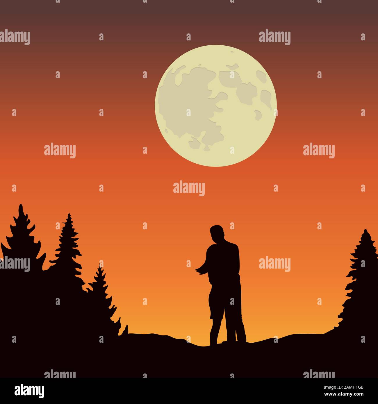 Paar schaut zu den Vollmond im Wald landschaft bei Nacht Vektor-illustration EPS 10. Stock Vektor