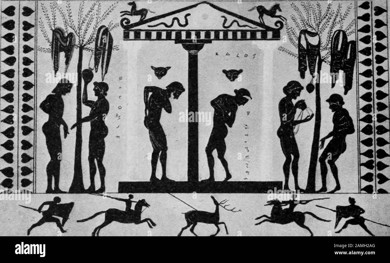 Antike griechische Illustration, die Männer und Jungen bei einer Außendusche im Innenhof eines Gymnasiums mit in Bäumen hängender Kleidung, 1910, zusammen duschen lässt. Kostenloses Internetarchiv. () Stockfoto