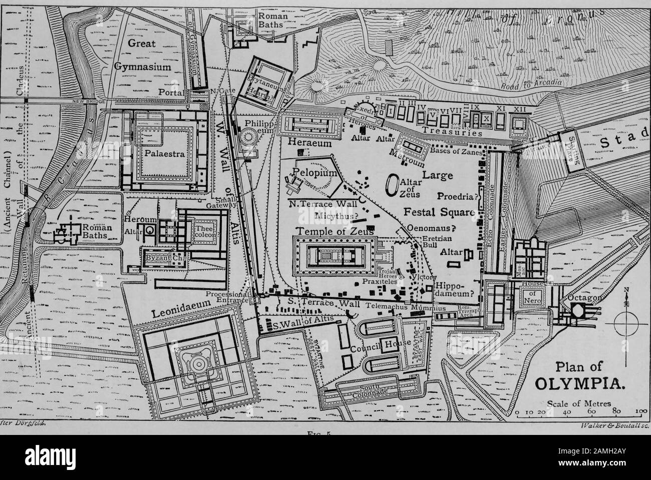 Karte und Plan der griechischen Stadt Olympia, Heimat der Olympischen Spiele der Antike, Griechenland, mit Sporthalle und Zeustempel, 1910. Kostenloses Internetarchiv. () Stockfoto