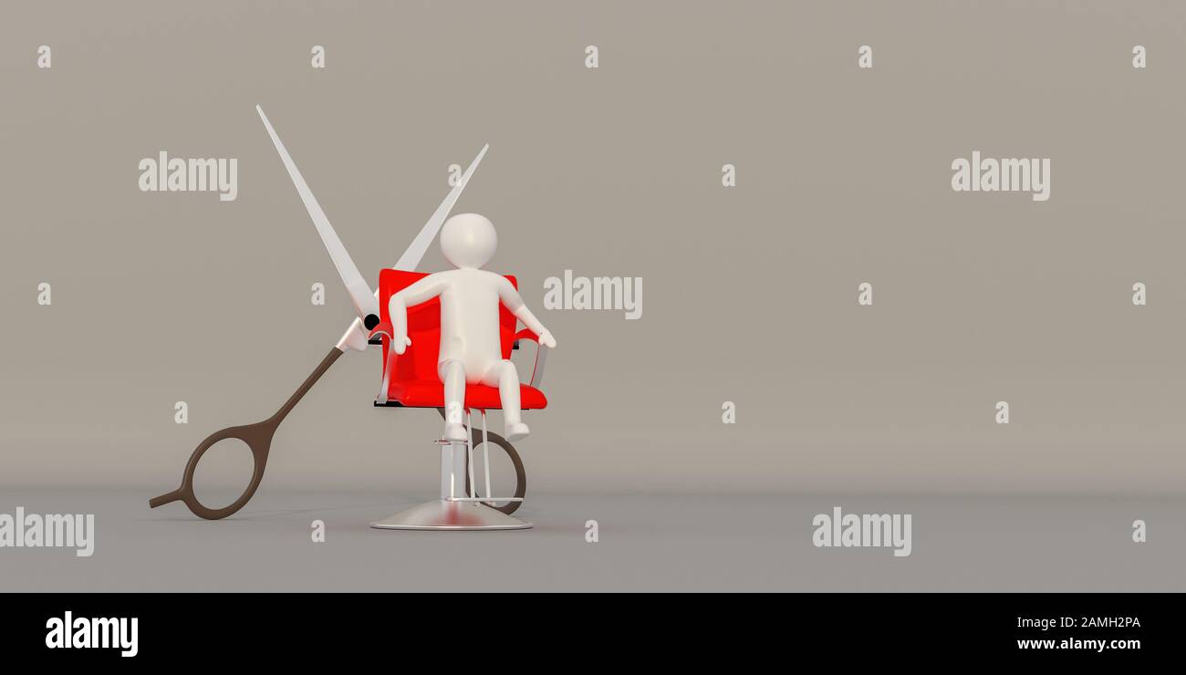 Eine Schere und ein roter Stuhl der Kosmetikerin, Der weiße Charakter auf dem roten Stuhl. 3D-Rendering Stockfoto