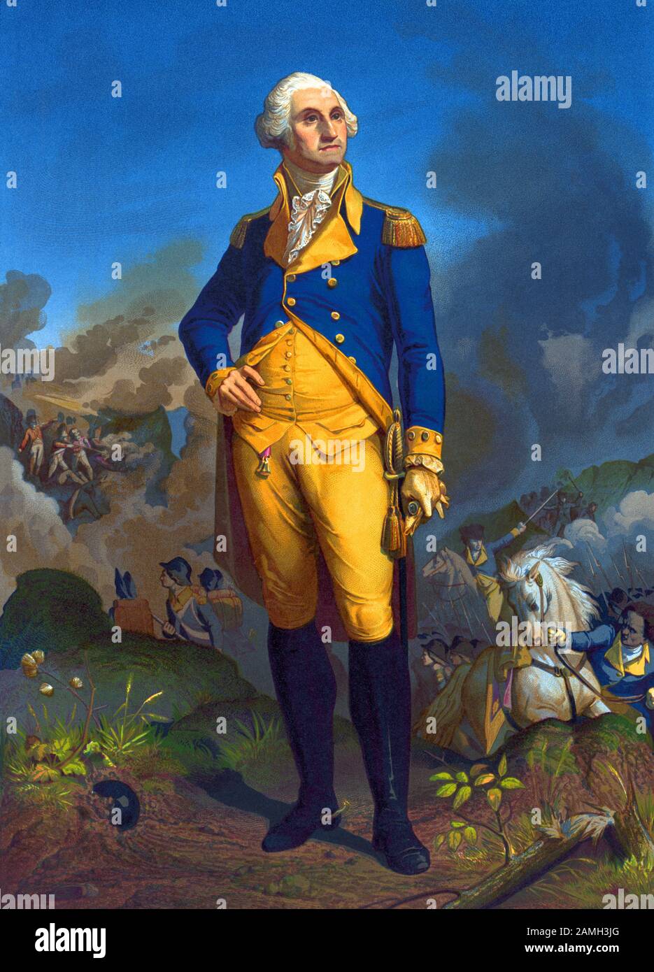Jahrgangsporträt von General George Washington (1732 - 1799) - Kommandeur der kontinentalen Armee im amerikanischen Revolutionären Krieg/Unabhängigkeitskrieg (1775 - 1783) und erster US-Präsident (1789 - 1797). Drucken Sie ca. 1851 von P S Duval aus Philadelphia aus einer Zeichnung auf Stein von C Schuessele. Stockfoto