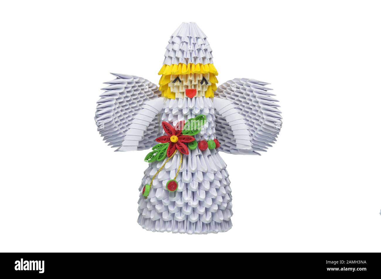 3D-Origami auf weißem Hintergrund isoliert. Handgefertigte Angel. Stockfoto