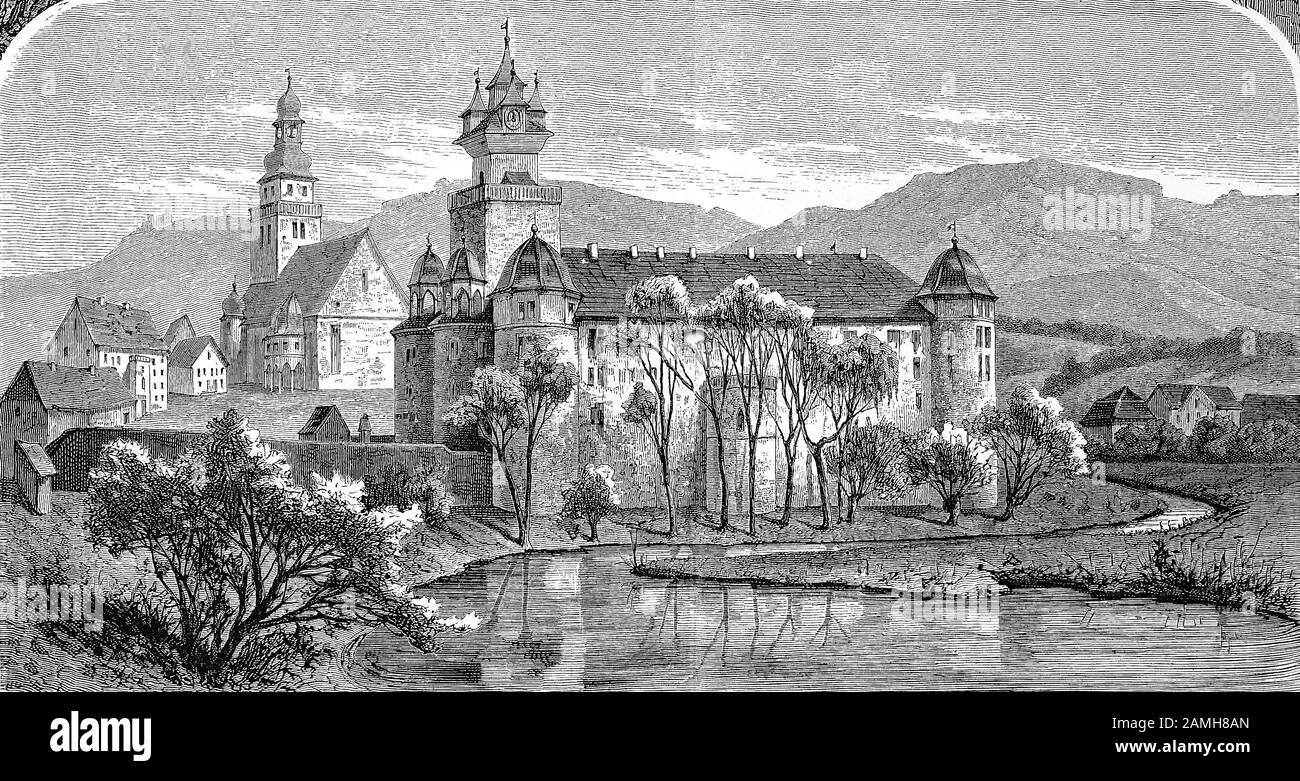 Die Burg Neuenstein, Baden-Württemberg, Deutschland / Schloss Neuenstein, Hohenlohekreis, Baden-Württemberg, Deutschland, historisch, digital verbesserte Wiedergabe eines Originals aus dem 19. Jahrhundert / Digitale Produktion einer Originalanlage aus dem 19. Jahrhundert. Jahrhuntert, Stockfoto