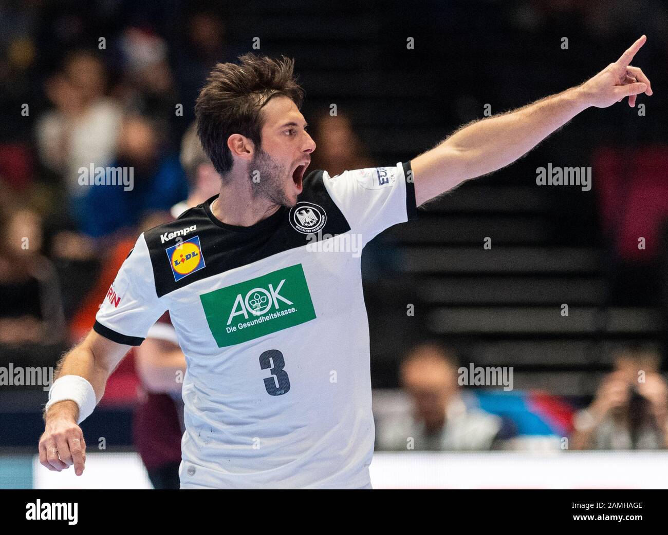 Trondheim, Norwegen. Januar 2020. Handball: Europameisterschaft, Lettland - Deutschland, Vorrunde, Gruppe C, 3. Spieltag. Deutschlands Uwe Gensheimer freut sich. Kredit: Robert Michael / dpa-Zentralbild / dpa / Alamy Live News Stockfoto