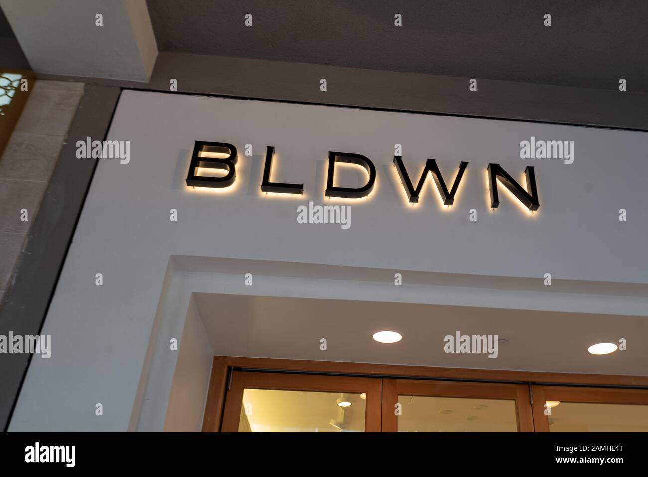 Nahaufnahme der Marke mit Logo für den Bldwn Retail Store in Santana Row im Silicon Valley, San Jose, Kalifornien, 14. Dezember 2019. () Stockfoto