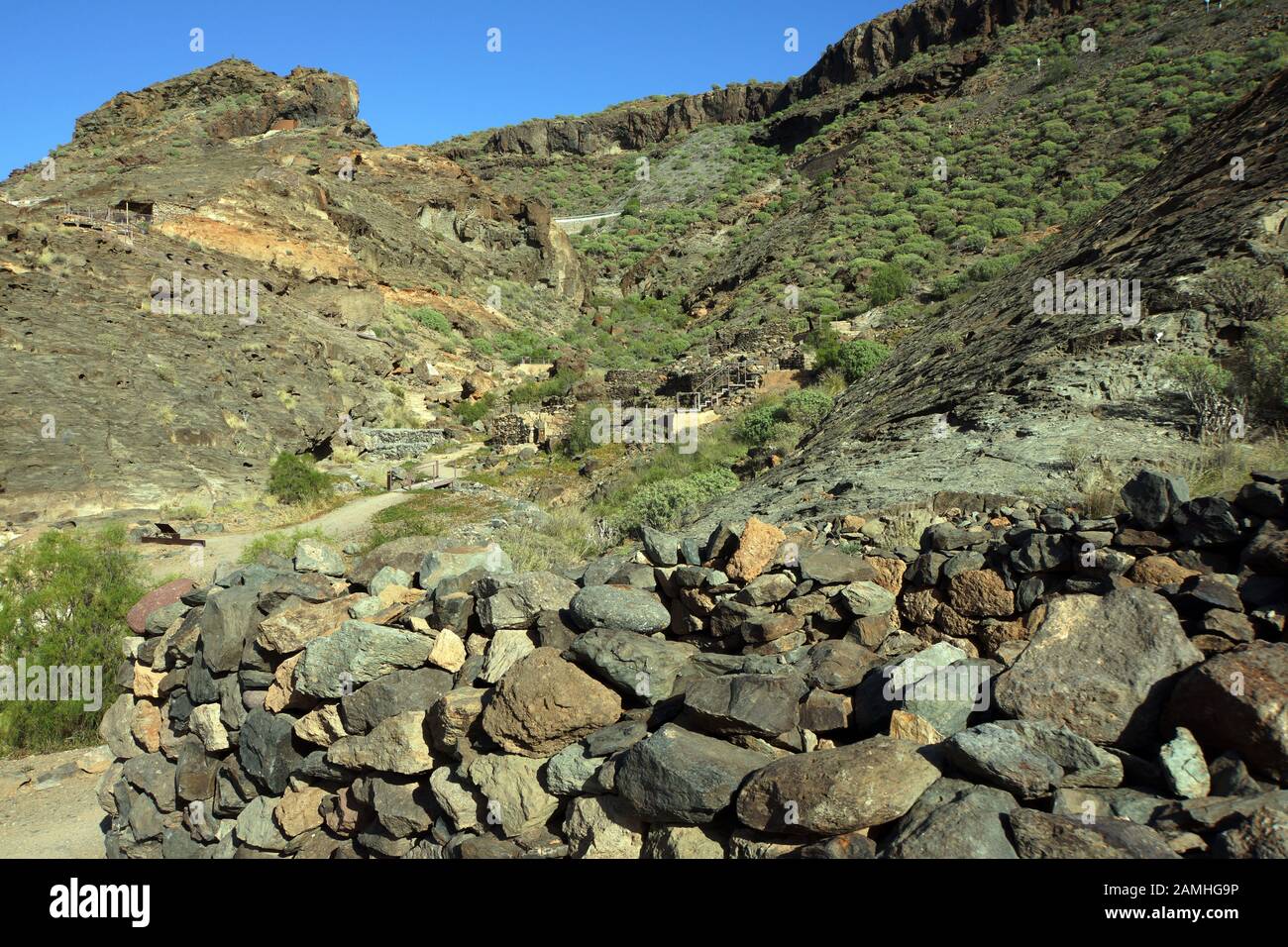 Archäologische Zone Canada de los Gatos mit Resten prahispanischer Häuser, Puerto de Mogan, Gran Canaria, Kanaren, Spanien, Stockfoto