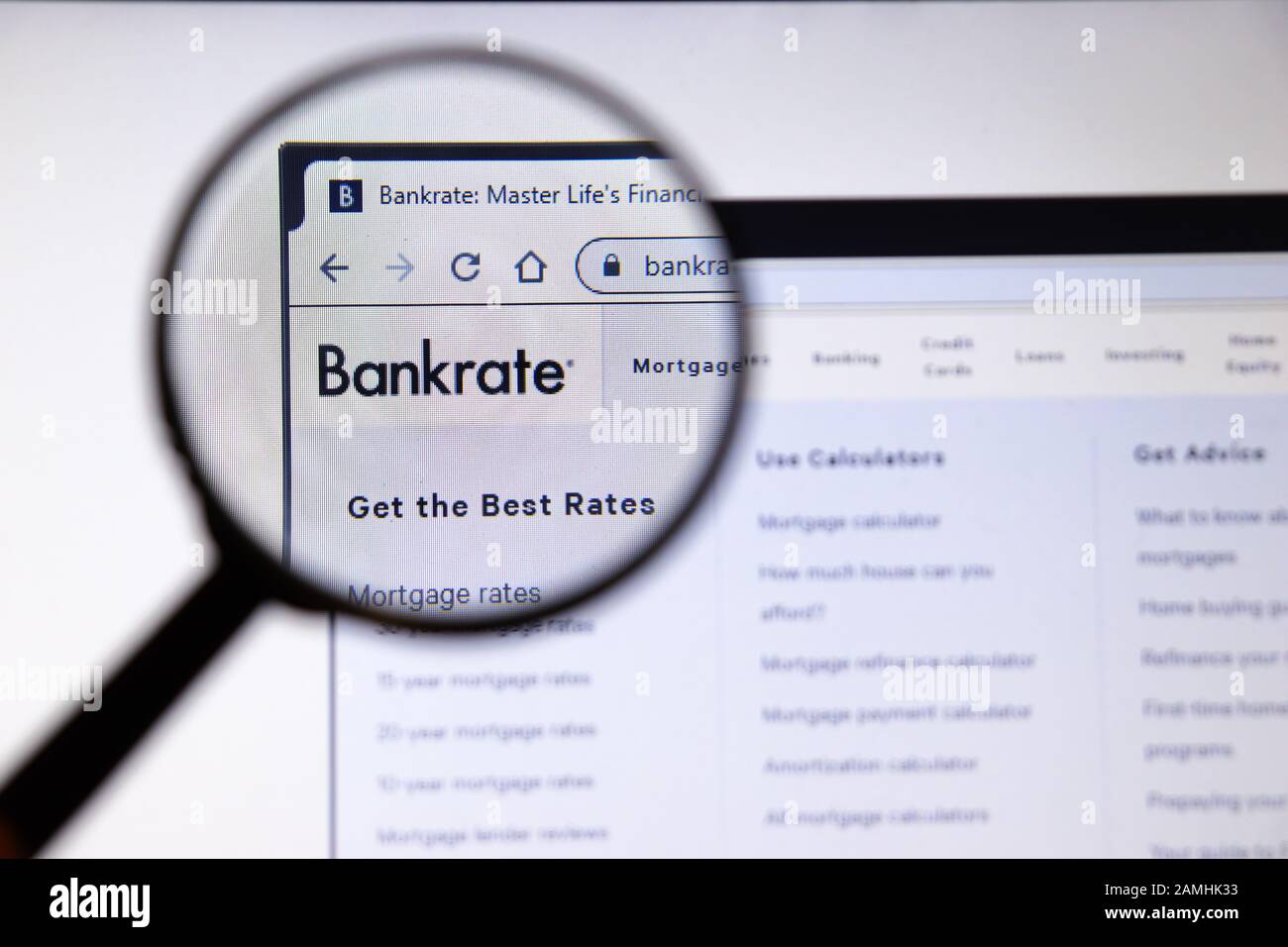 Los Angeles, Kalifornien, USA - 19. Dezember 2019: Bankrate Website Seite. Bankrate.com Logo auf dem Bildschirm Nahaufnahme, Illustrative Editorial Stockfoto
