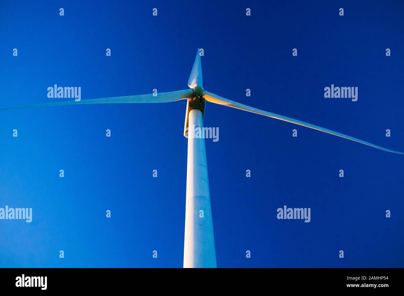 Blick auf eine einsame Windturbine gegen einen blauen Himmel in Dexter Minnesota USA Stockfoto