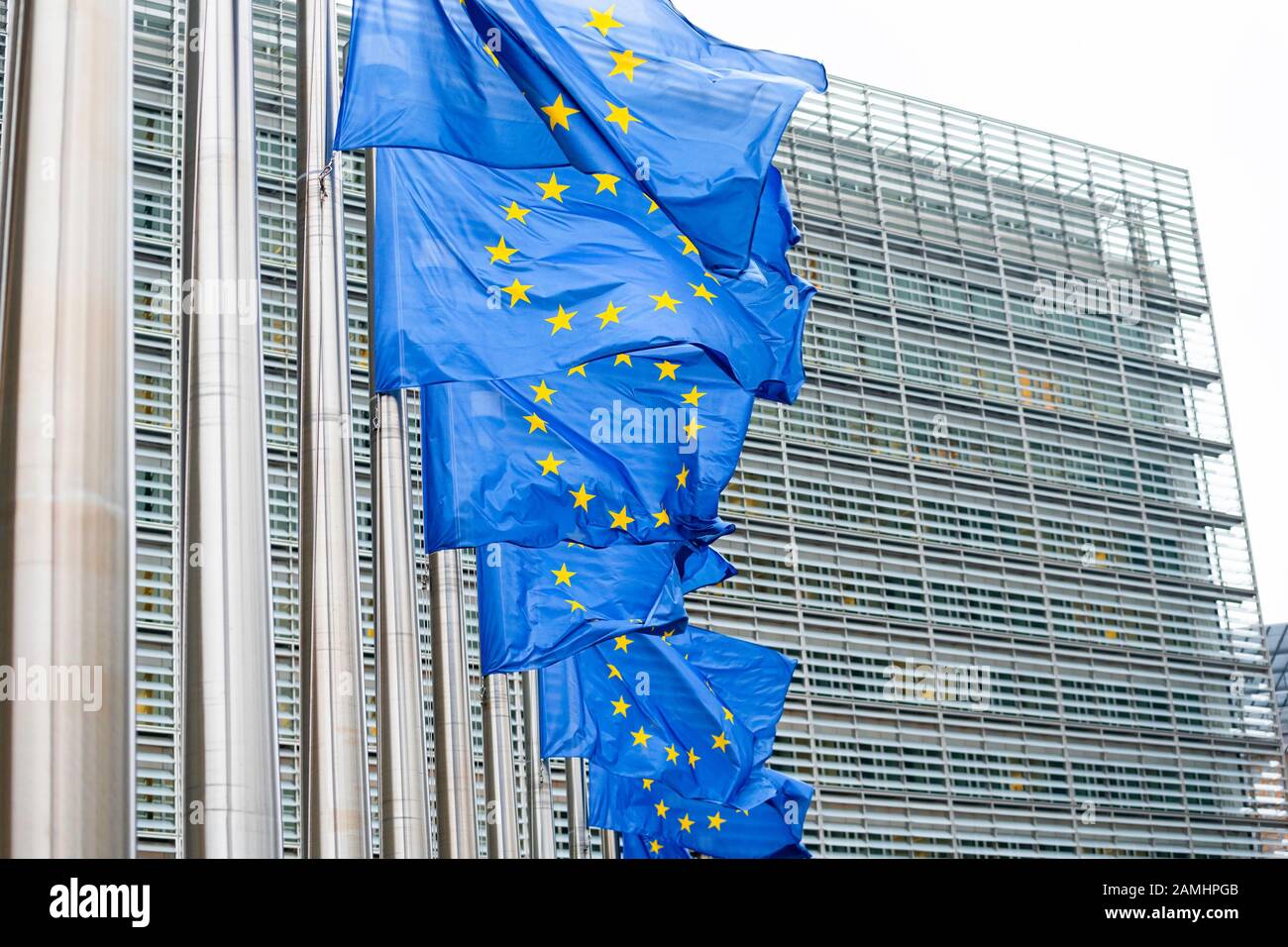 Europäische Union Flaggen im Europäischen Viertel in Brüssel (Belgien) Stockfoto
