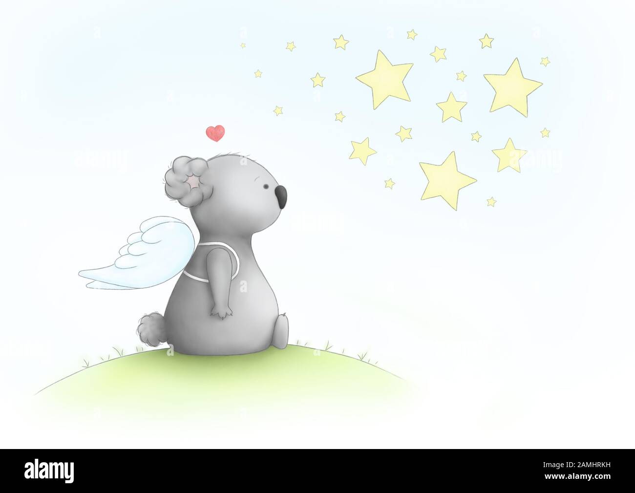 Süße handgezeichnete, traurige Koala-Bärenzeichnung, sitzend mit Engelsflügeln, mit Blick auf Sterne, fehlende Lieben, auf weißem Hintergrund Stockfoto