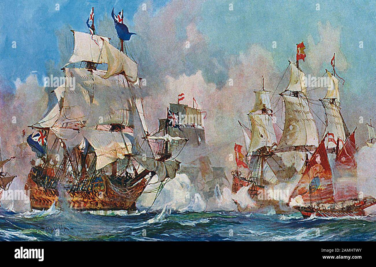 SCHLACHT VON MÁLAGA 24. AUGUST 1704. Britische und niederländische Schiffe besiegen die kombinierten französischen und spanischen Flotten während des spanischen Nachfolgekriegs. Stockfoto