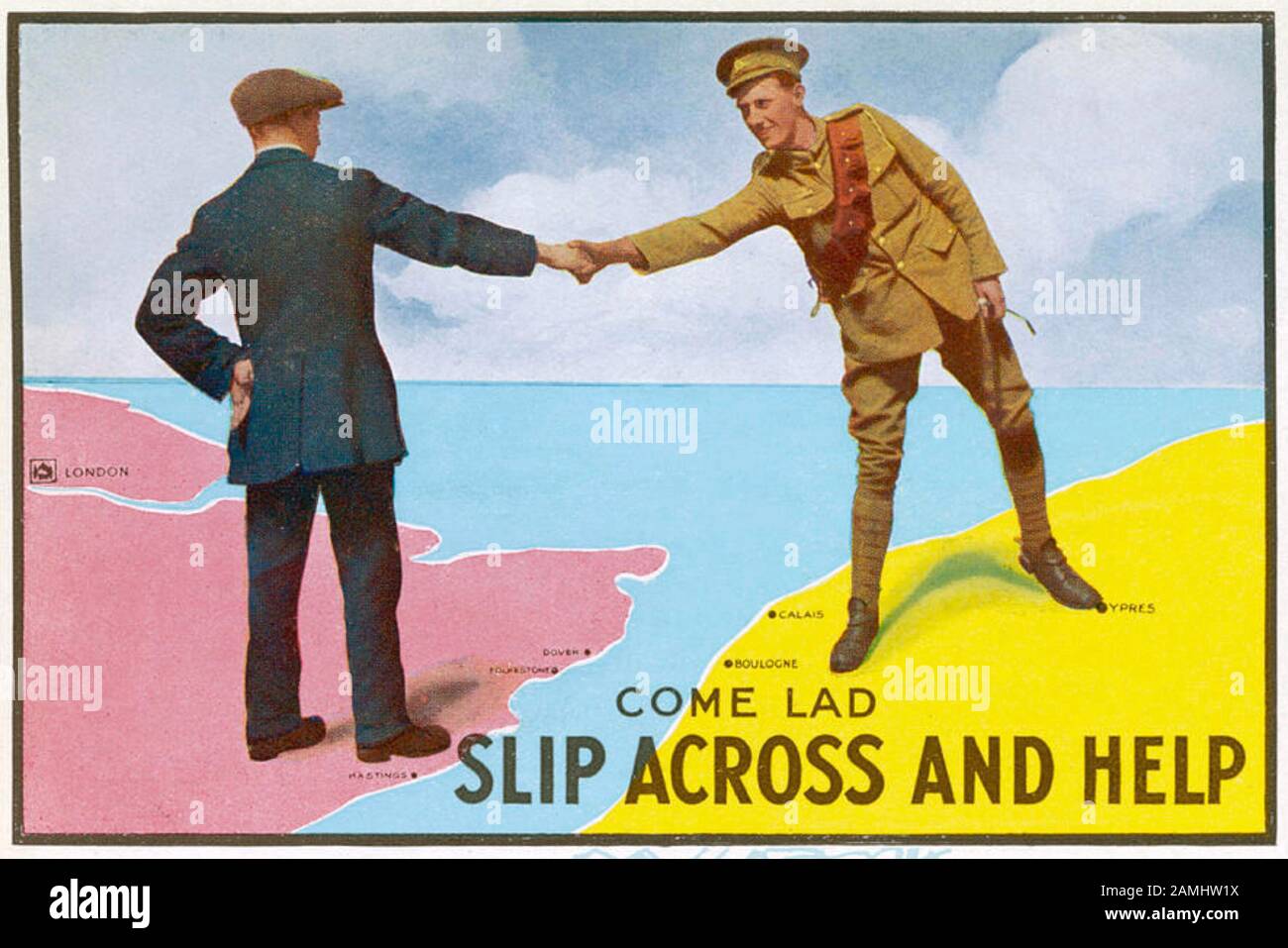 Kommen Sie LAD UND HELFEN Sie dem britischen Rekrutierungsplakat aus WW1 Stockfoto