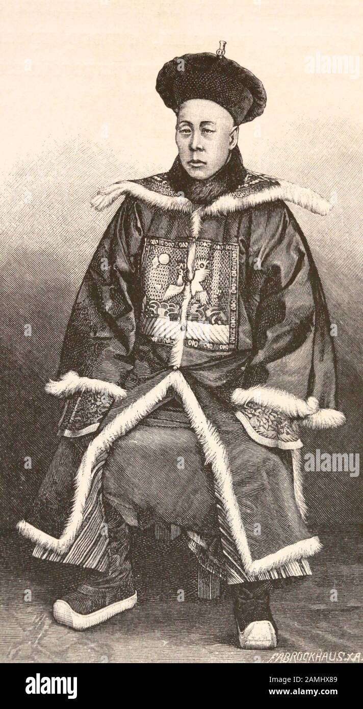 Intelligent gekleideter chinesischer Beamter. Gravur des 19. Jahrhunderts. Stockfoto
