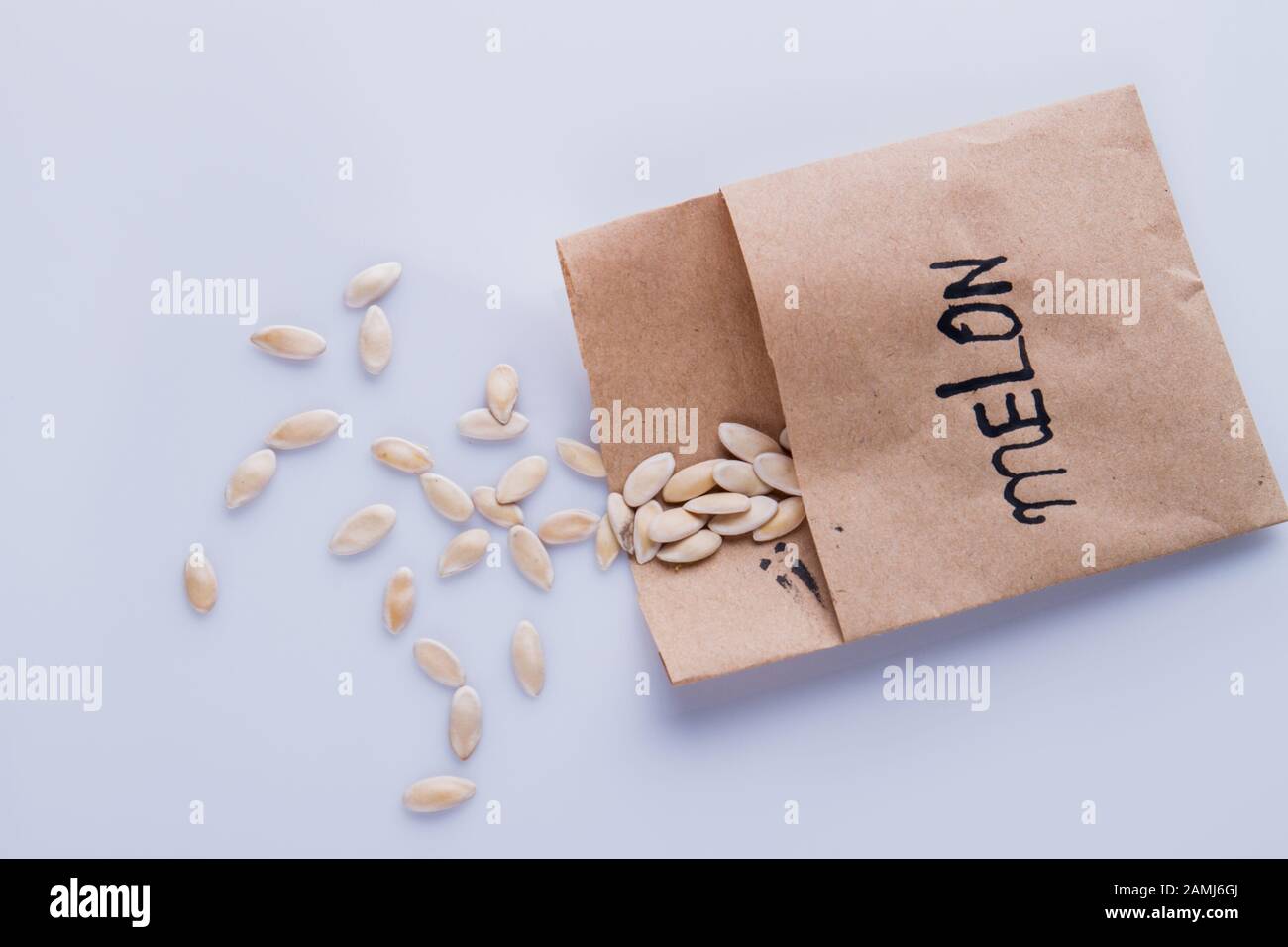 Papierpaket mit Melonensamen. Stockfoto