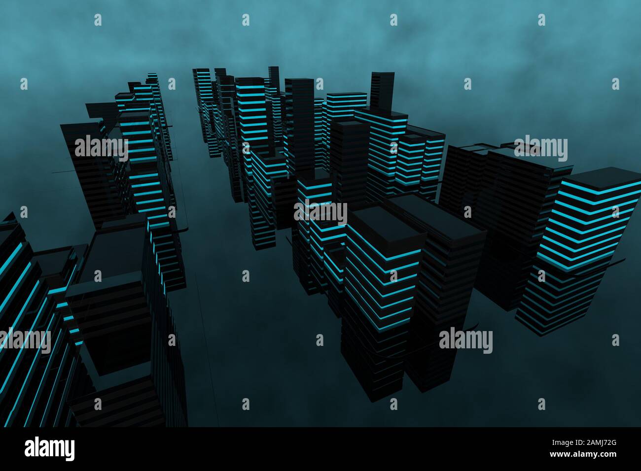 Futuristische City 3d-CGI sorgen für ein nahtloses Looping mit blau beleuchteten Gebäuden und sehr reflektierenden Glasflächen Stockfoto