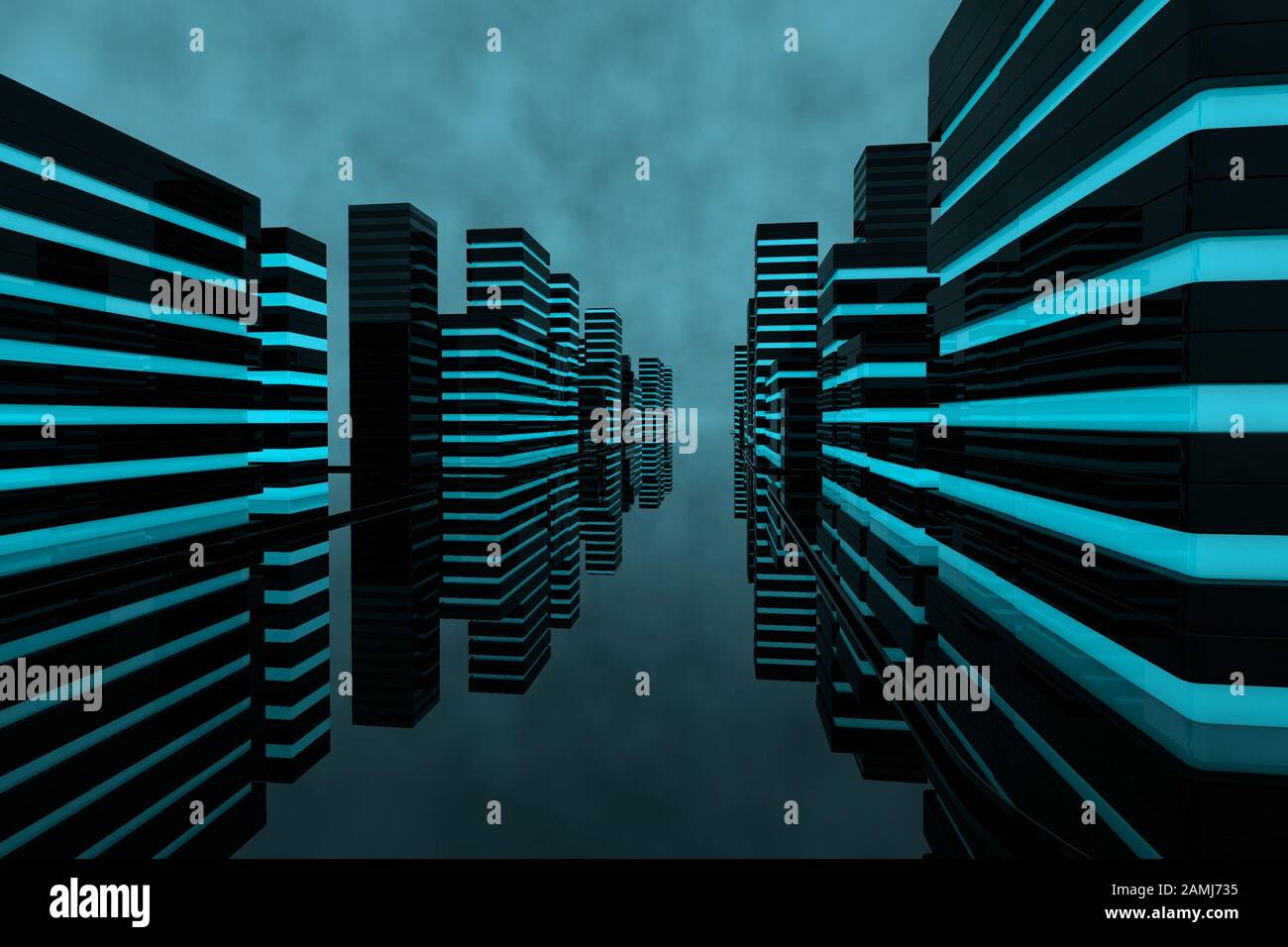 Futuristische City 3d-CGI sorgen für ein nahtloses Looping mit blau beleuchteten Gebäuden und sehr reflektierenden Glasflächen Stockfoto