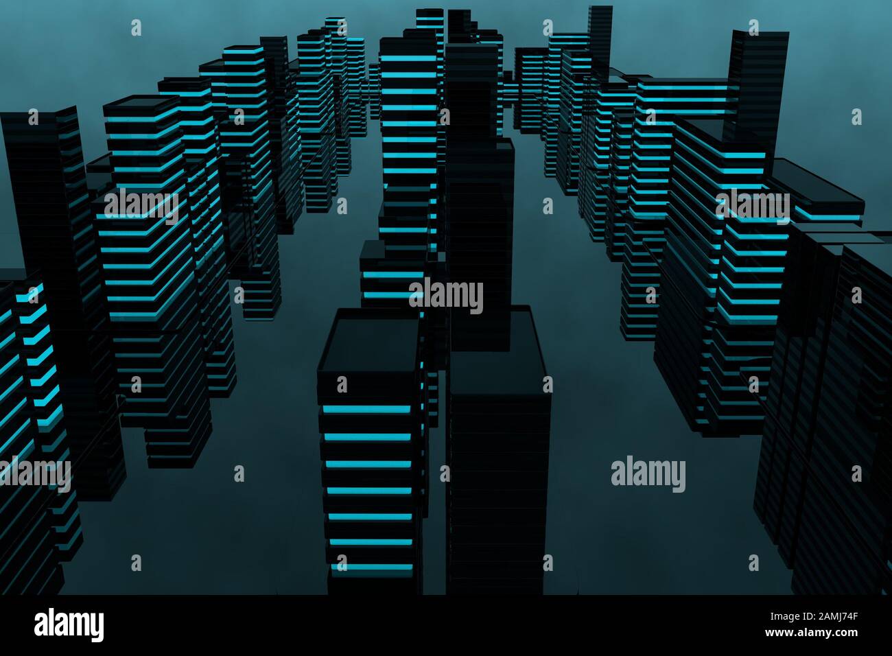 Futuristische City 3d-CGI sorgen für ein nahtloses Looping mit blau beleuchteten Gebäuden und sehr reflektierenden Glasflächen Stockfoto