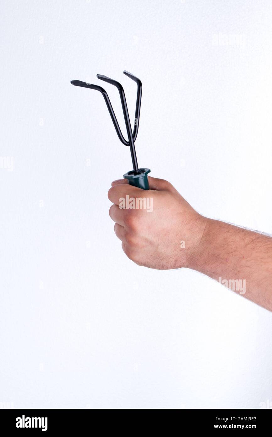 Garten-Handrechen isoliert auf Weiß. Stockfoto