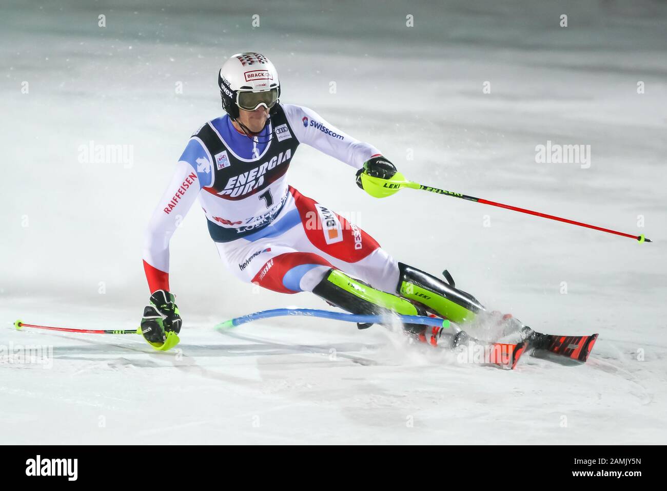 Zagreb, Kroatien - 5. Januar 2020: Ramon Zenhausern aus der Schweiz tritt beim 2. Lauf beim Audi Fis-Alpine-Skiweltcup 2019/2020, 3 Stockfoto