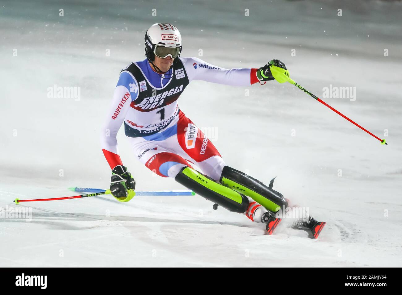Zagreb, Kroatien - 5. Januar 2020: Ramon Zenhausern aus der Schweiz tritt beim 2. Lauf beim Audi Fis-Alpine-Skiweltcup 2019/2020, 3 Stockfoto
