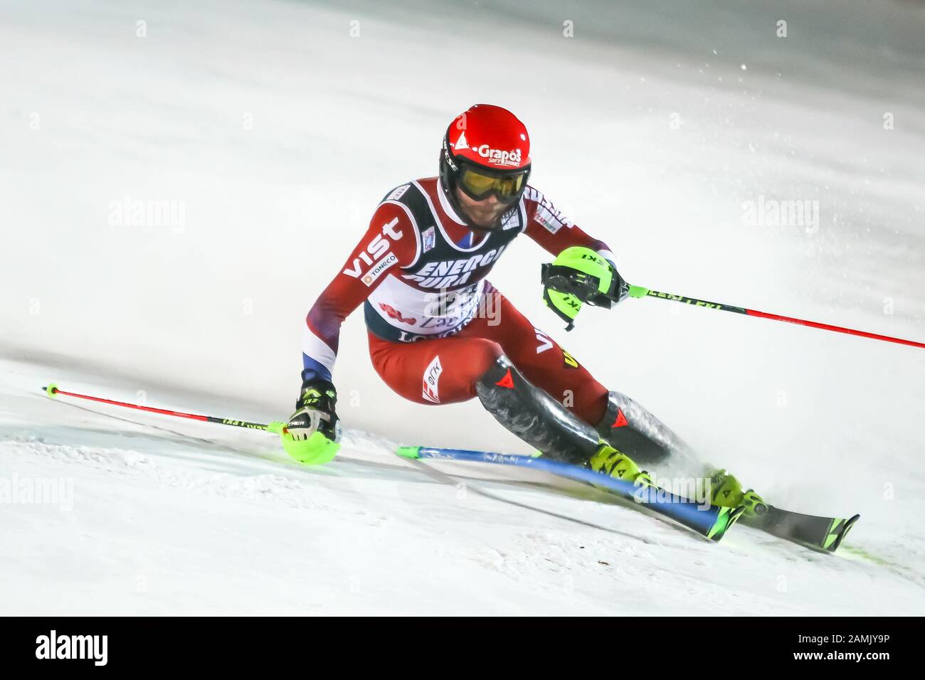 Zagreb, Kroatien - 5. Januar 2020: Aleksander Khoroshilov aus Russland tritt beim 2. Lauf beim Audi Fis-Ski-Weltcup 2019/2020, 3r an Stockfoto