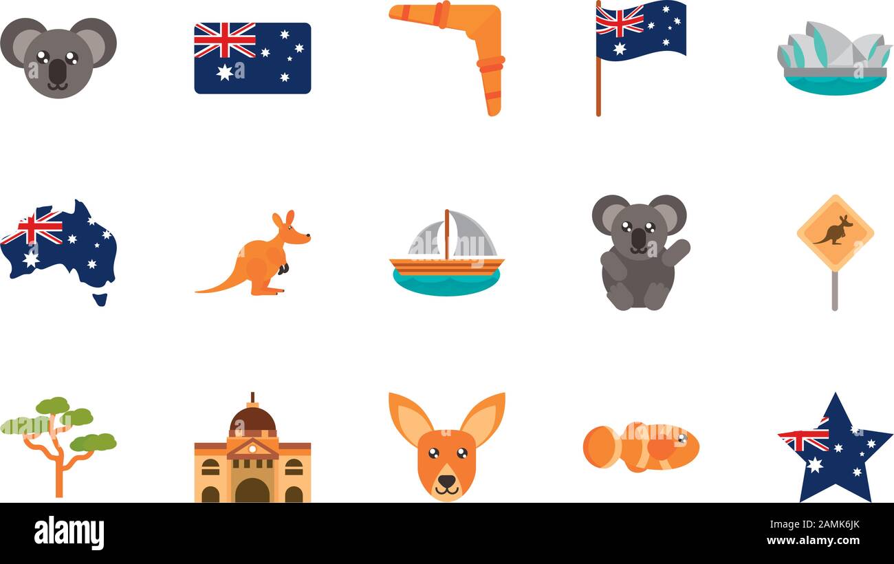 Australien Animal Things berühmte Sites Symbole auf weißem Hintergrund Vektorgrafiken Stock Vektor