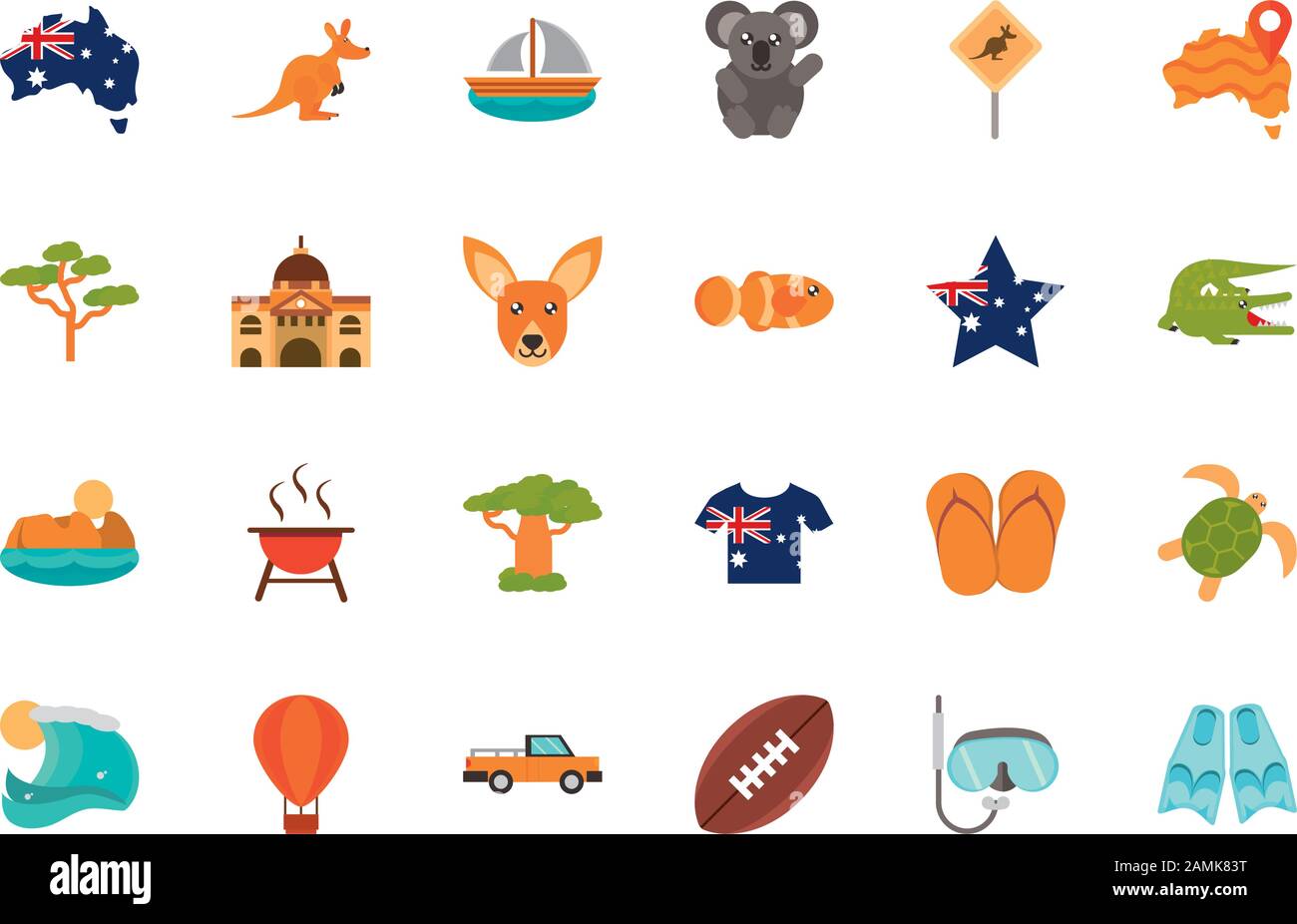 Australien Animal Things berühmte Sites Symbole auf weißem Hintergrund Vektorgrafiken Stock Vektor