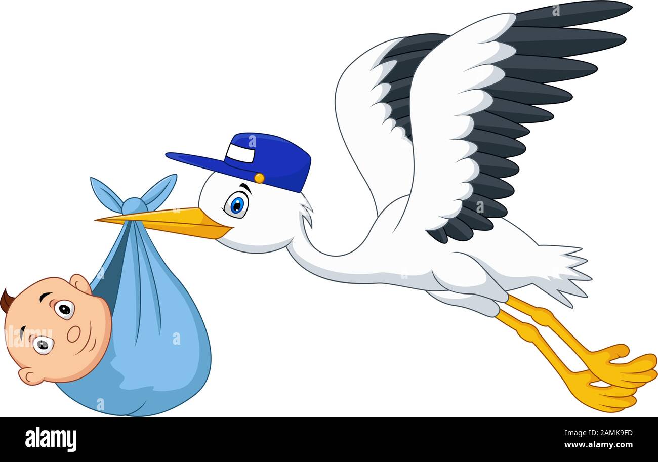 Cartoon-Storch-Flugvogel mit Neugeborenem Stock Vektor