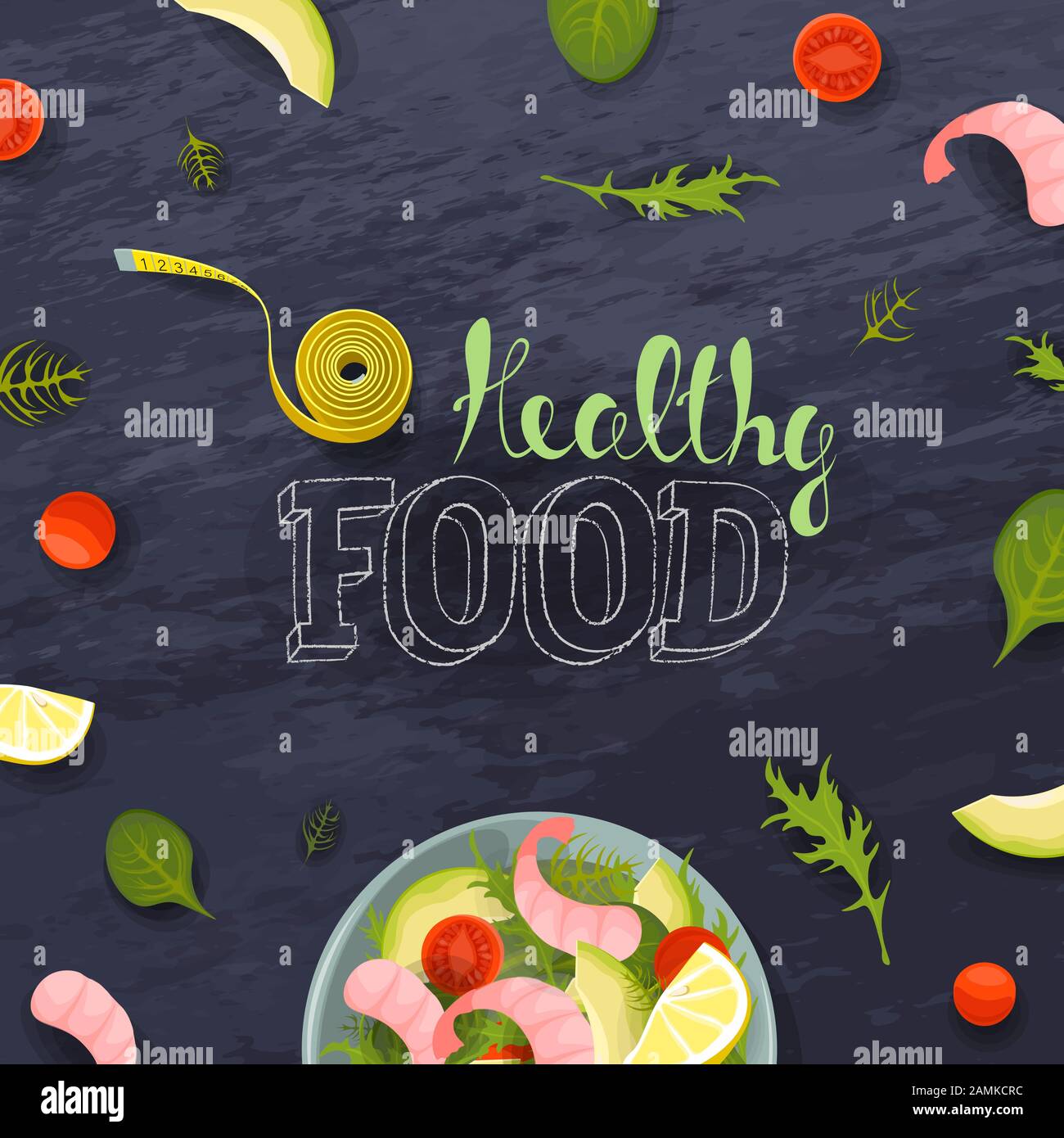 Gemüse und Garnelen frische Salatschüssel Draufsicht. Fitness-Ration Diät-Messband. Tomaten, Avocado, Salat auf Kreidegrund. Beschriftung Stock Vektor