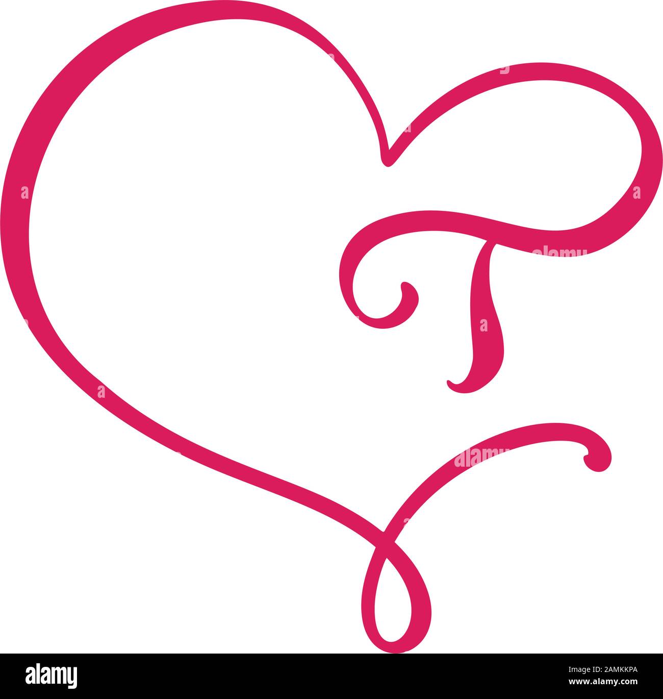 Vector Vintage Blumenmonogramm Buchstabe T. Kalligraphie Element Logo Valentine blüht Rahmen. Handgezeichnetes Herzschild für Seitendekoration und Design Stock Vektor