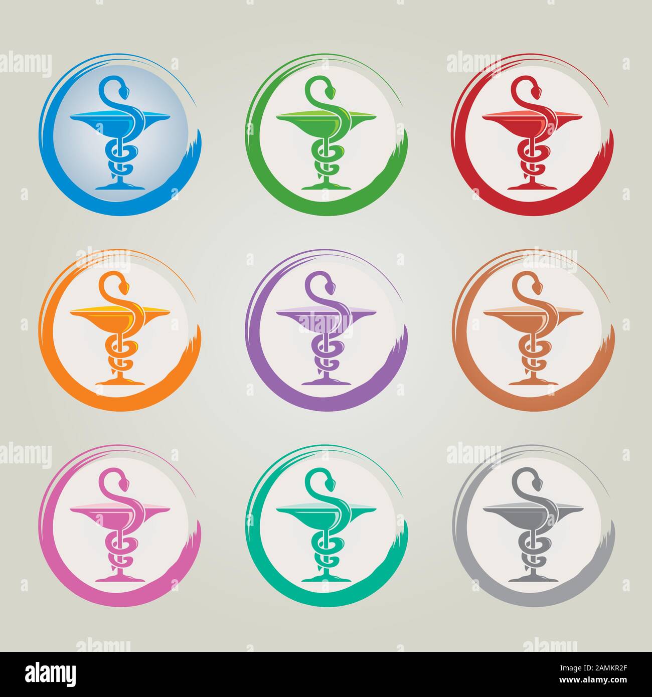 Set mit Neun Symbolen mit Caduceus Symbol Mehrfarbig - Gesundheit/Pharmazie Stock Vektor