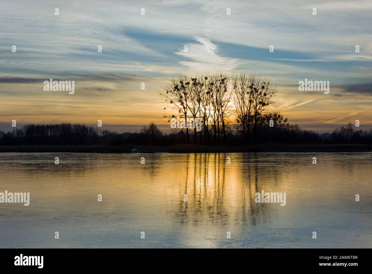 Ein gefrorener See, Bäume und Wolken am Abendhimmel Stockfoto