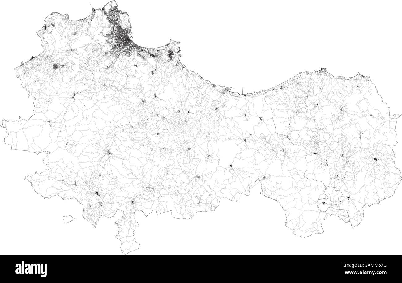 Satellitenplan der Provinz Palermo Städte und Straßen, Gebäude und Verbindungsstraßen der Umgebung. Region Sizilien, Italien. Sicilia. Straßen zuordnen Stock Vektor