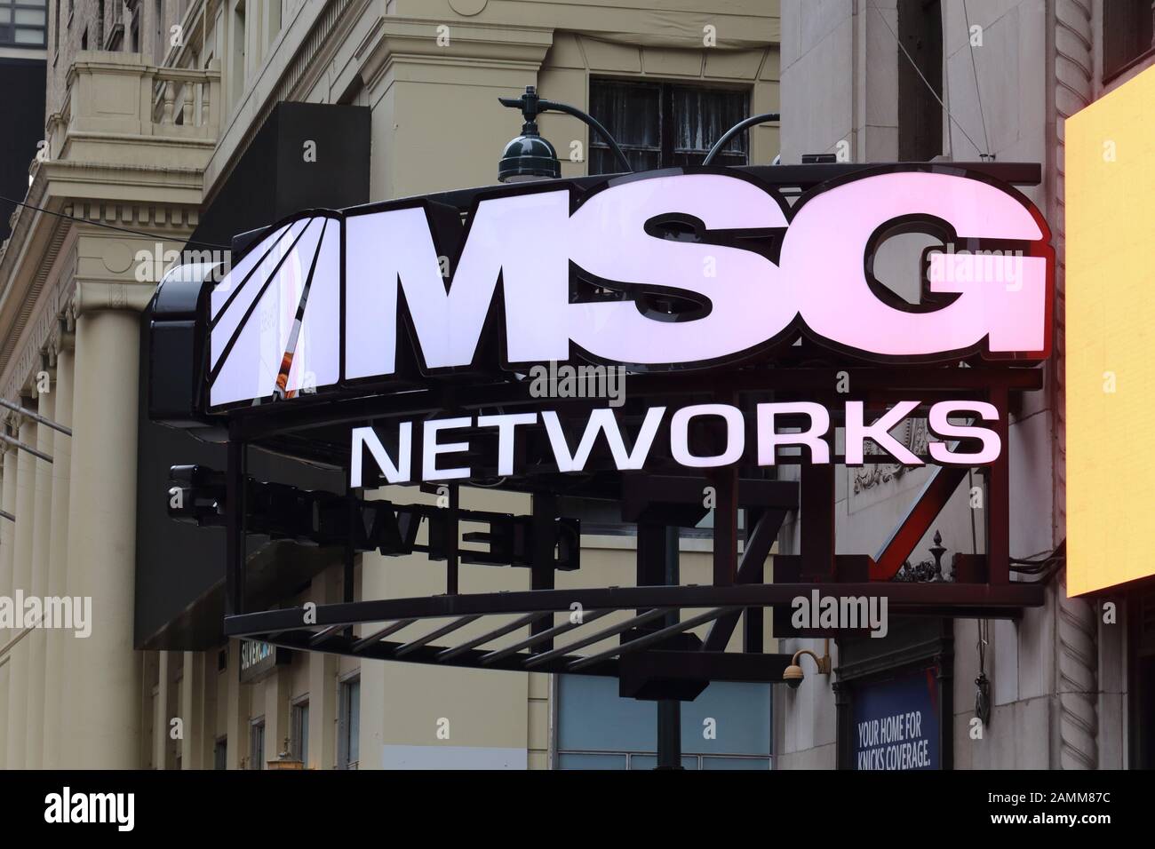 MSG Networks madison Square Garden Network Logo auf einem Festzelt in Midtown Manhattan, New York, NY Stockfoto