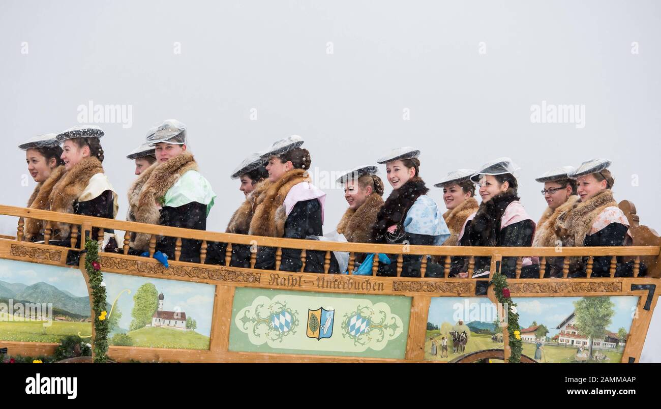 Leonhardi-Fahrt, Bad Tölz, 07.11.2016: Junge Frauen in Tracht sitzen während der Leonhardi-Fahrt in Bad Tölz auf einer Kutsche. [Automatisierte Übersetzung] Stockfoto
