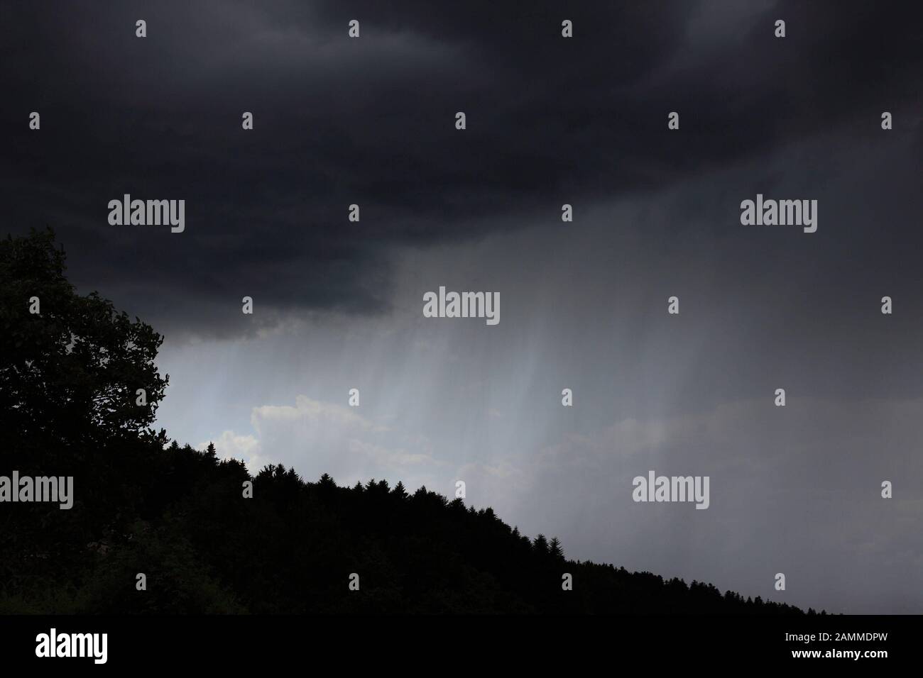 Starke Regenwolken ziehen über den Bergrücken Rusel in der Nähe des Dorfes Ringelswies im Bayerischen Wald. [Automatisierte Übersetzung] Stockfoto