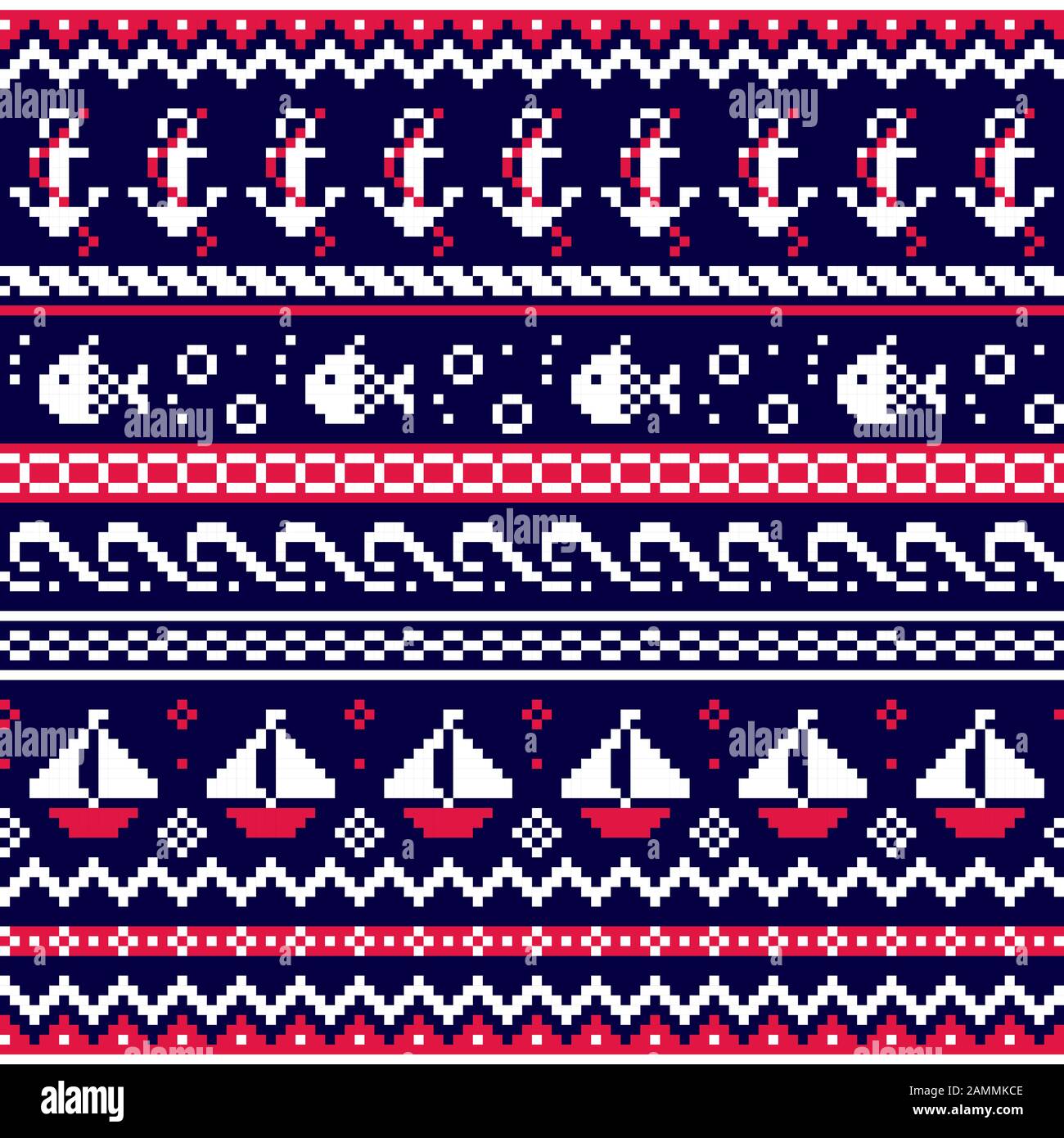Maritimes schottisches Norwegermuster, traditionelles Strickmode, nahtloses Muster, Segeldesign mit Anker, Fisch und Booten Stock Vektor