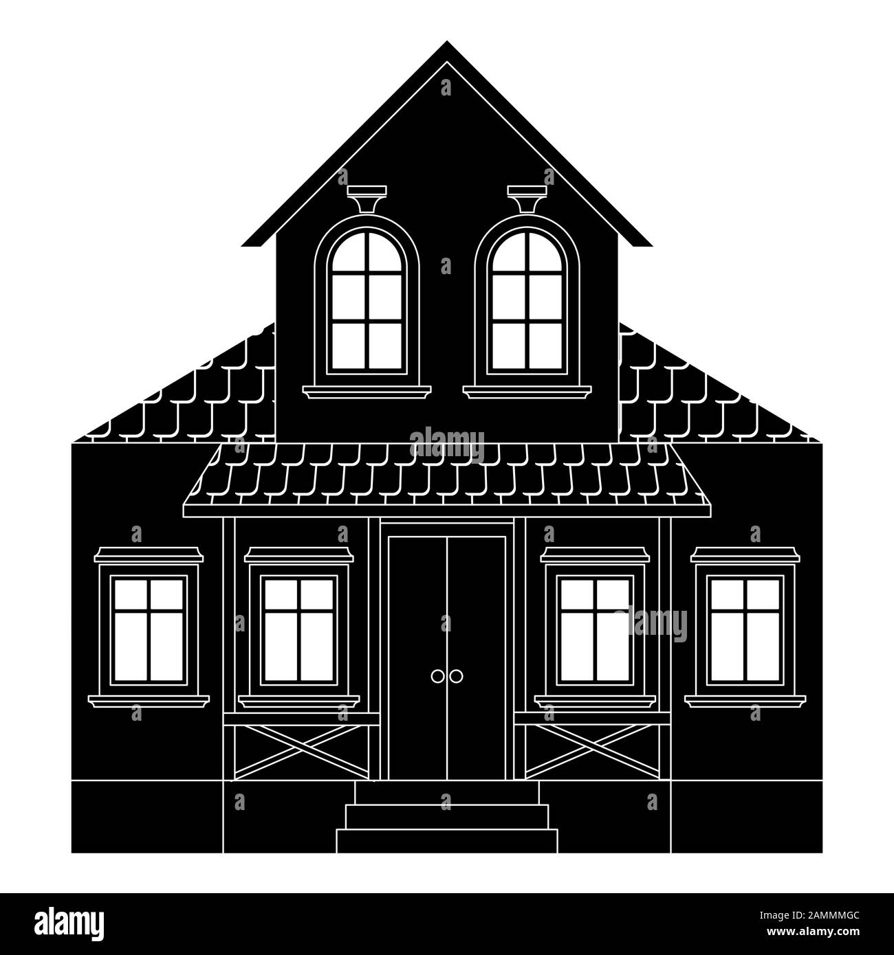 Haus. Zweistöckiges Wohnhaus mit Vorhalle. Schwarze Umrisszeichnung Stock Vektor