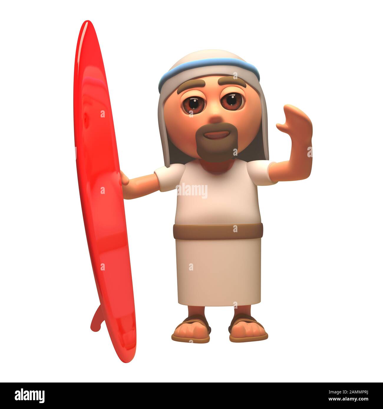 3D-Cartoon Jesus Christus Charakter mit einem roten Surfbrett und schwenkenden, 3D-Illustration Rendern Stockfoto