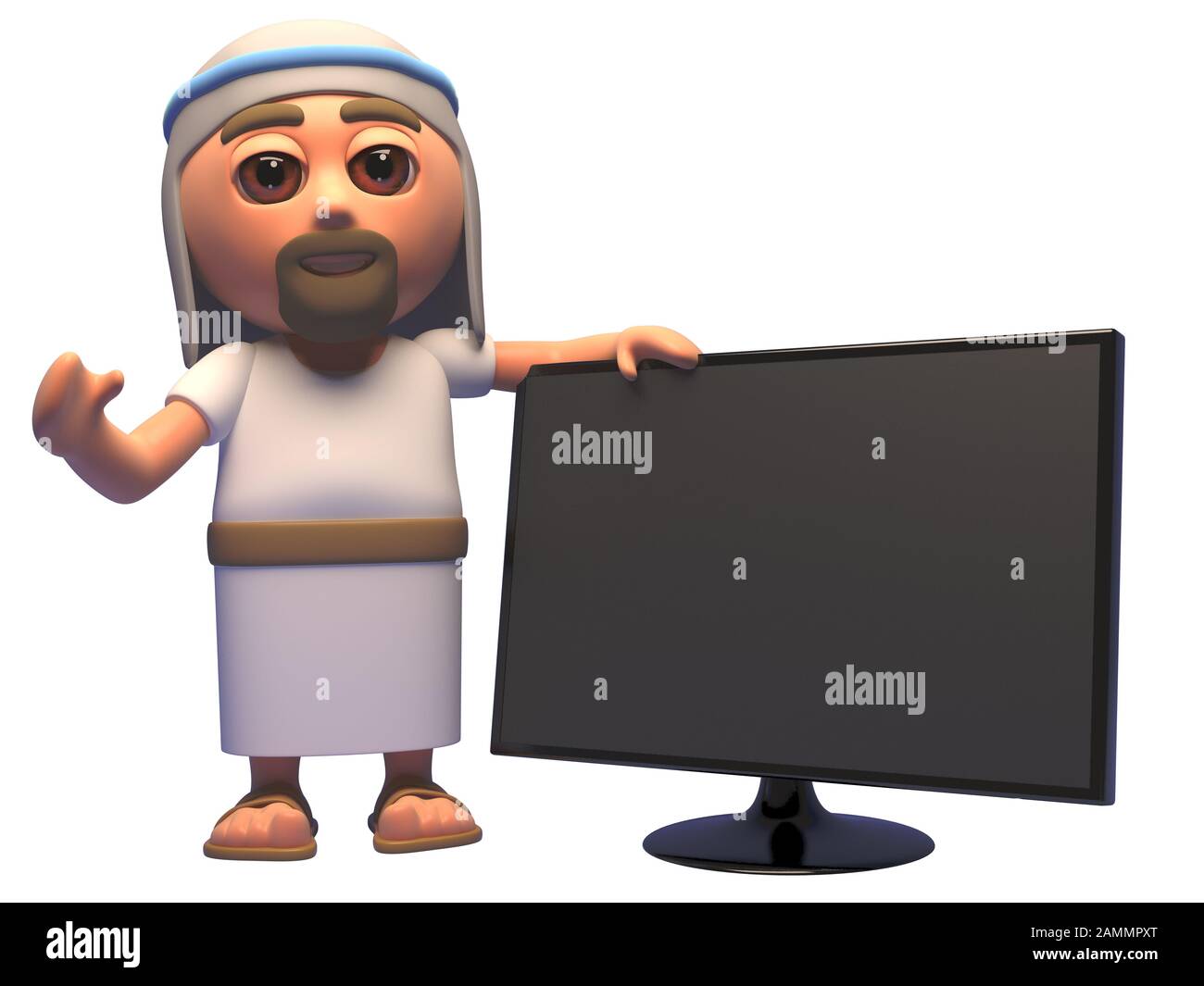 Cartoon 3d Jesus Christus Charakter neben einem Breitbildfernseher mit Flachbildschirm, 3D-Illustration Rendering Stockfoto