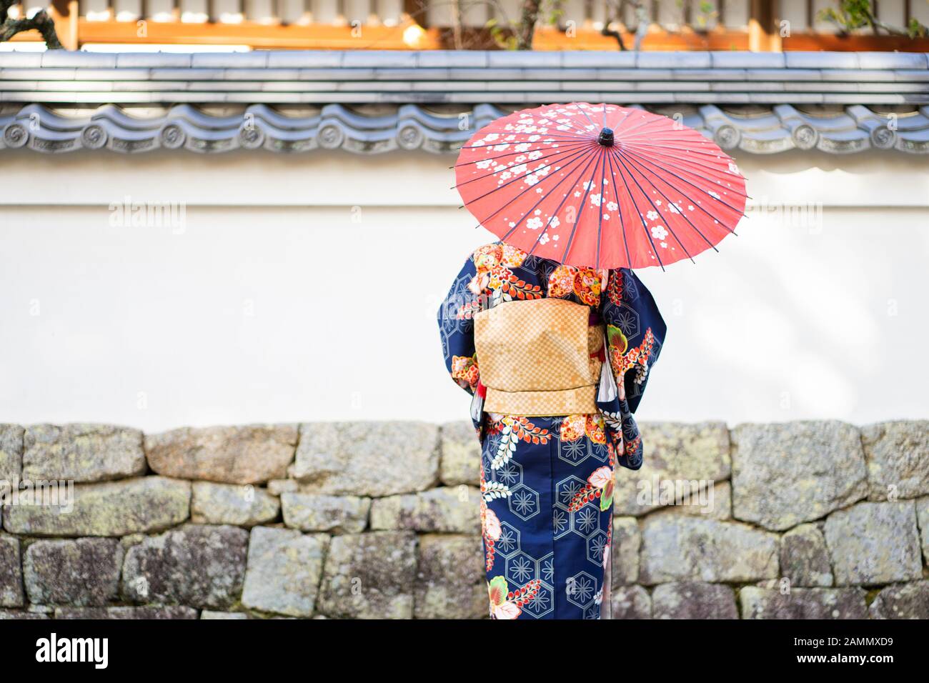 Geishas Mädchen mit japanischen kimono unter roten Holz- Tori Gate bei Fushimi Inari Schrein in Kyoto, Kimono ist ein traditionelles japanisches Gewand. Das Wort " Stockfoto