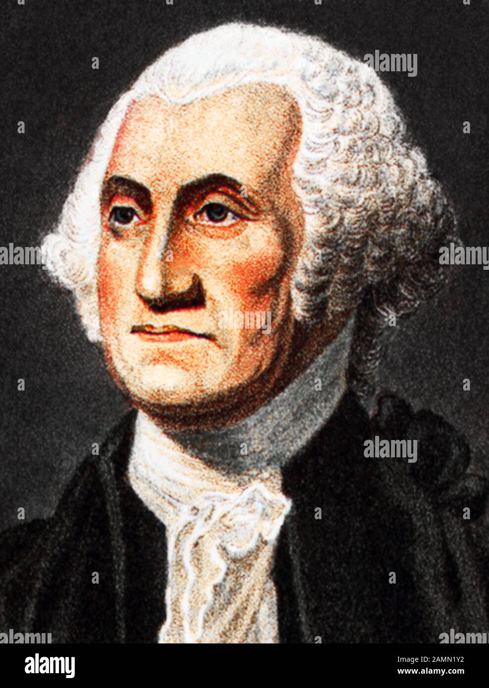 Jahrgangsporträt von George Washington (1732 - 1799) - Kommandeur der kontinentalen Armee im amerikanischen Revolutionären Krieg/Unabhängigkeitskrieg (1775 - 1783) und erster US-Präsident (1789 - 1797). Detail aus einem Druck von Francis Bouclet um 1861. Stockfoto