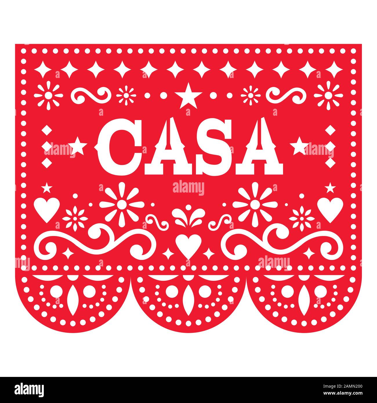 Papel Picado Casa (zu Hause auf Spanisch) Vektordesign für Hauswarmparty, Hausdekor, rotes mexikanisches Papier Schnitt Dekoration mit Blumen und Geometrie aus Stock Vektor